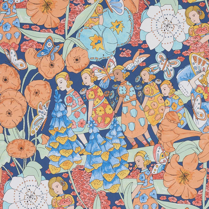 Fairie Garden Orange And Navy 5013540 by Schumacher Designer Wallpaper Clements Ribeiro 25.5" - Swanky Fabrics -