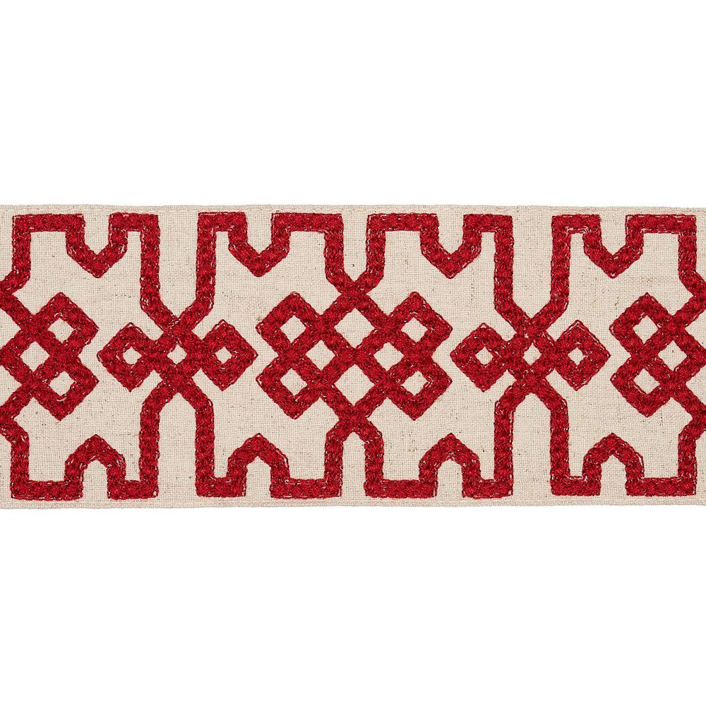 Knotted Trellis Tape Crimson On Unbleached 80881 by Schumacher Designer Trim Orient Express - Swanky Fabrics -