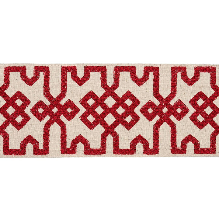 Knotted Trellis Tape Crimson On Unbleached 80881 by Schumacher Designer Trim Orient Express - Swanky Fabrics -