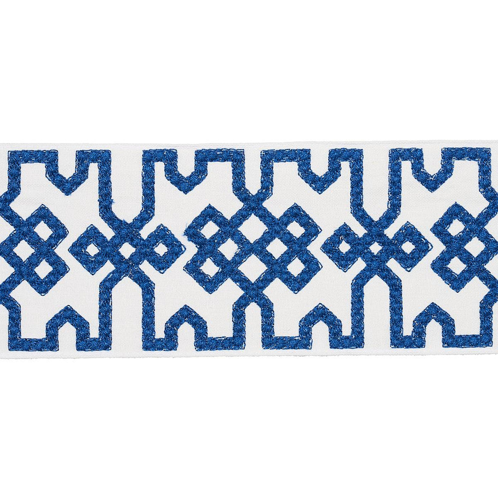 Knotted Trellis Tape Blue On White 80883 by Schumacher Designer Trim Orient Express - Swanky Fabrics -