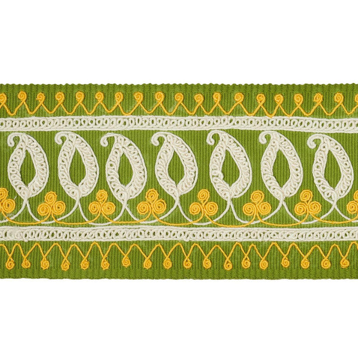 Paisley Embroidered Tape Green & Yellow 81232 by Schumacher Designer Trim Embroidered And Embellished Trims - Swanky Fabrics -