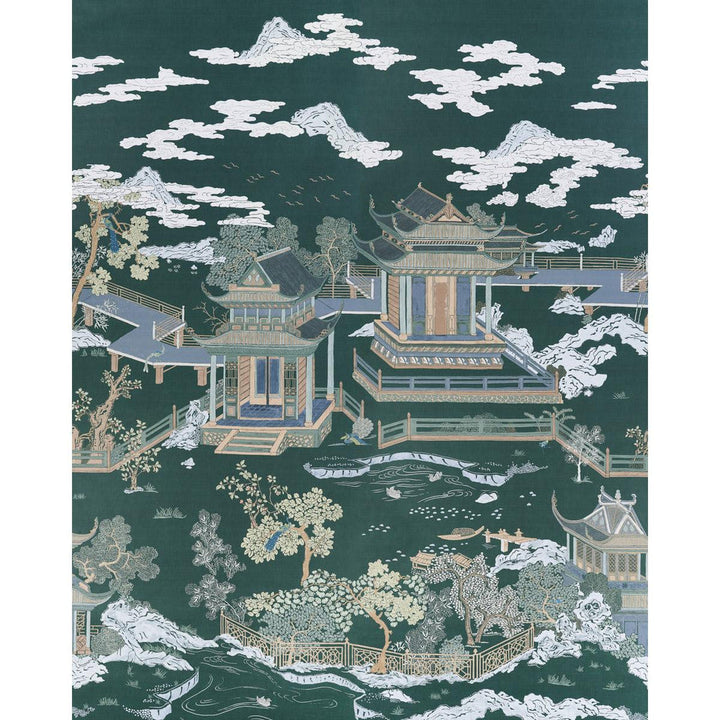 Coromandel Midnight Green 5014162 by Schumacher Designer Wallpaper Panels Collection 108.0" - Swanky Fabrics -