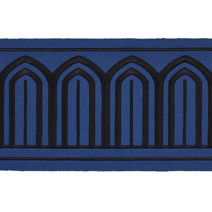 Arches Embroidered Tape Wide Black On Navy 81160 by Schumacher Designer Trim Miles Redd 5.3" - Swanky Fabrics -