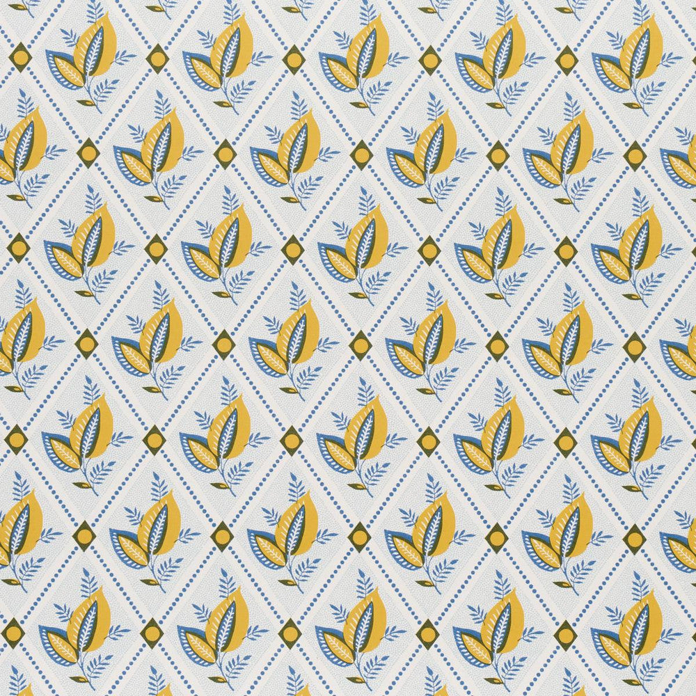Basile Trellis Yellow & Blue 5014230 by Schumacher Designer Wallpaper New Traditional: Provenal 13.5" - Swanky Fabrics -