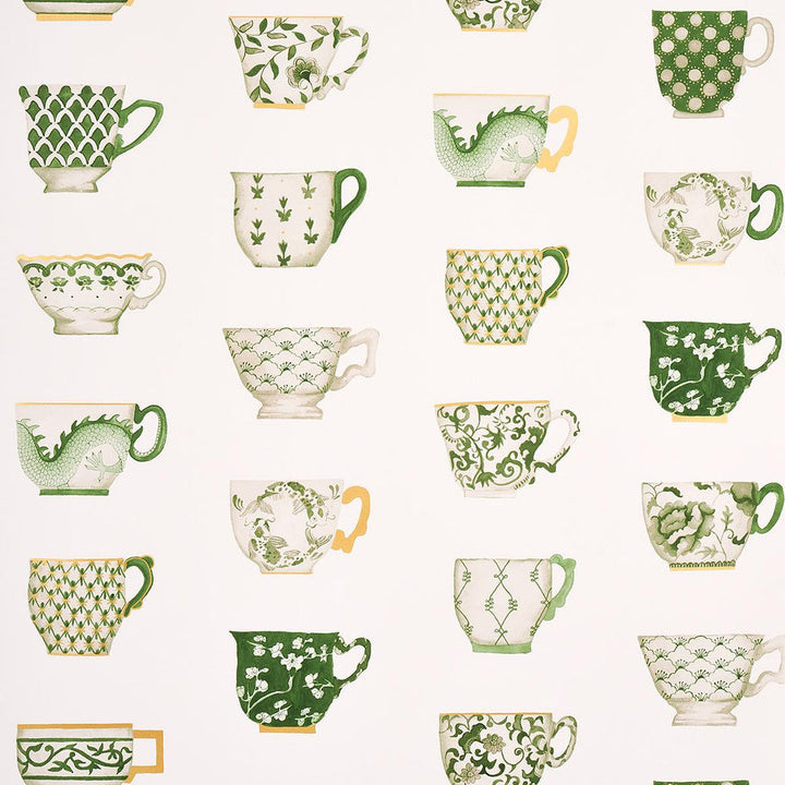 Onie'S Teacups Spring Green 5014781 by Schumacher Designer Wallpaper New Old-Fashioned 27.0" - Swanky Fabrics -