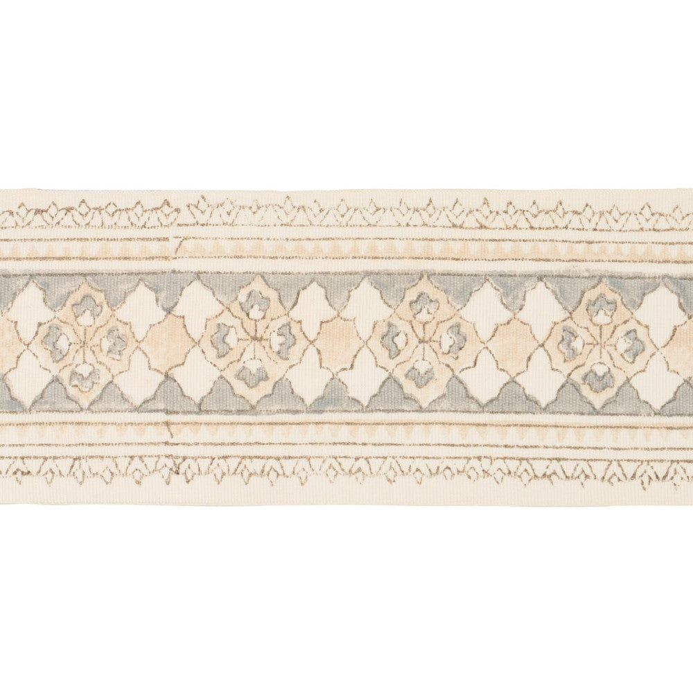 Amira Hand Block Printed Tape Sand & Grey 181371 by Schumacher Designer Trim Jacaranda - Swanky Fabrics -