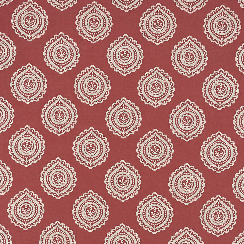 Olana Linen Embroidery Tuscan Red 70204 by Schumacher Designer Fabric CONTEMPORARY EMBROIDERIES LINEN 60% VISCOSE RAYON 34% INDIA </p><p>Repeat: Horizontal: 12 5/8" (32CM) and Vertical: 12 1/2" (32CM) 50.125 - Swanky Fabrics -