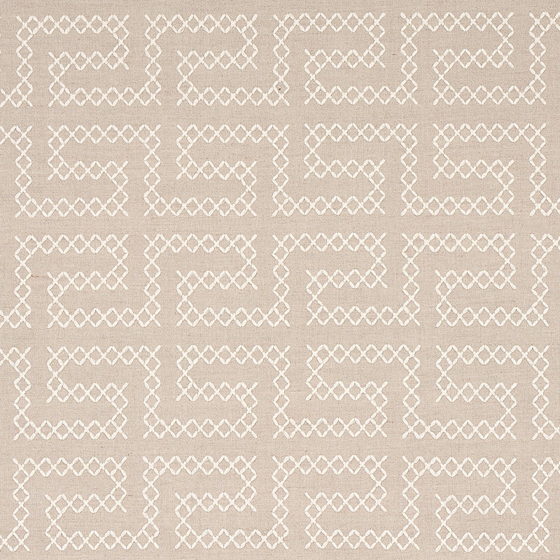 A Maze Embroidery Sand 70231 by Schumacher Designer Fabric CONTEMPORARY EMBROIDERIES LINEN 36% SPUN POLY 35% INDIA </p><p>Repeat: Horizontal: 4 1/4" (11CM) and Vertical: 7 3/4" (20CM) 51 - Swanky Fabrics -