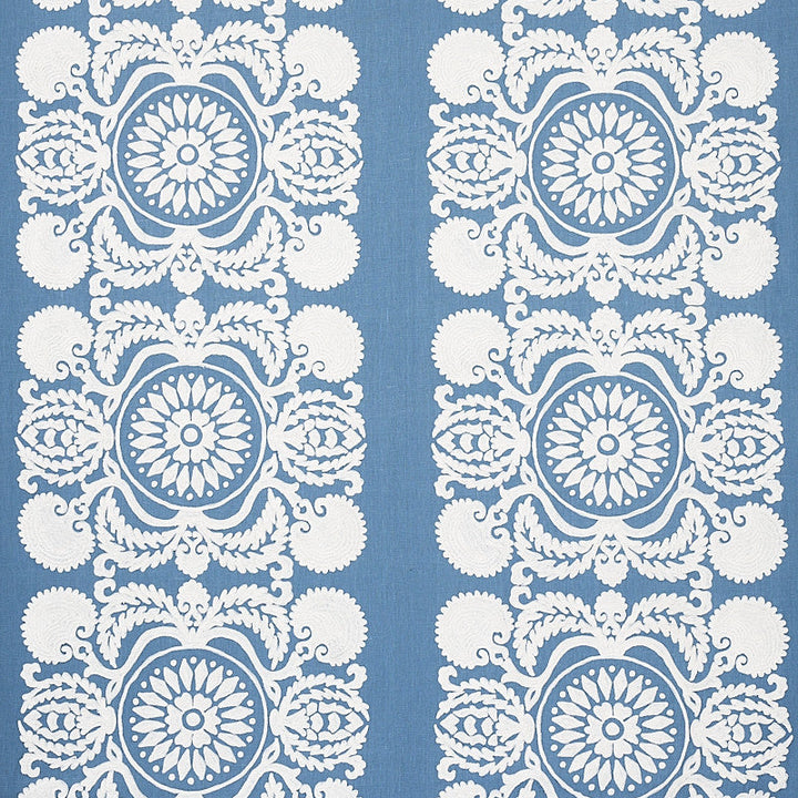 Castanet Embroidery Chambray 70262 by Schumacher Designer Fabric BOHEMIA LINEN 80% SPUN VISCOSE 20% INDIA </p><p>Repeat: Horizontal: VERT. 25 7/8" (66CM) and Vertical: 15 5/8" (40CM) 52 - Swanky Fabrics -