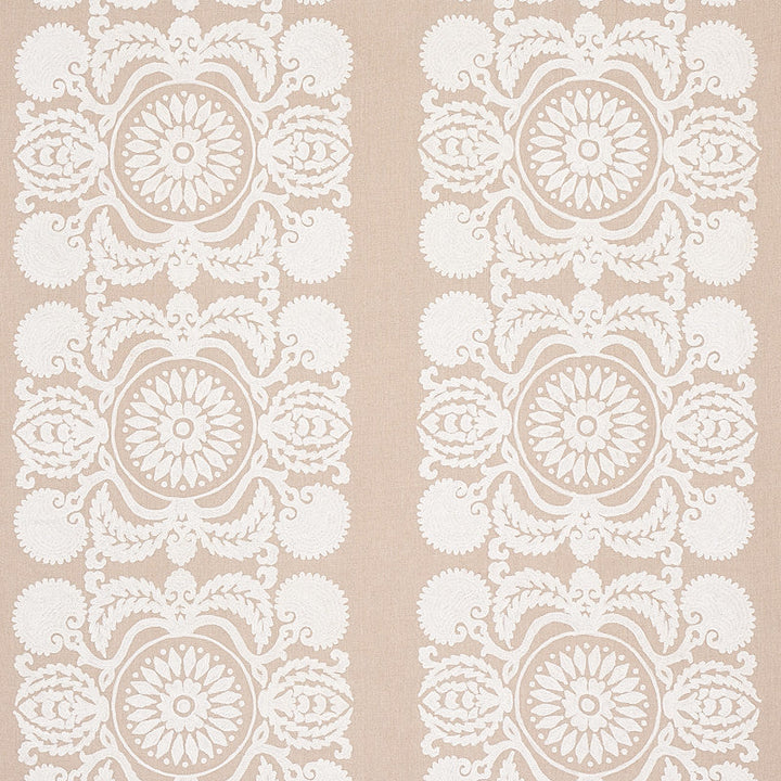 Castanet Embroidery Natural 70264 by Schumacher Designer Fabric BOHEMIA LINEN 80% SPUN VISCOSE 20% INDIA </p><p>Repeat: Horizontal: VERT. 25 7/8" (66CM) and Vertical: 15 5/8" (40CM) 52 - Swanky Fabrics -
