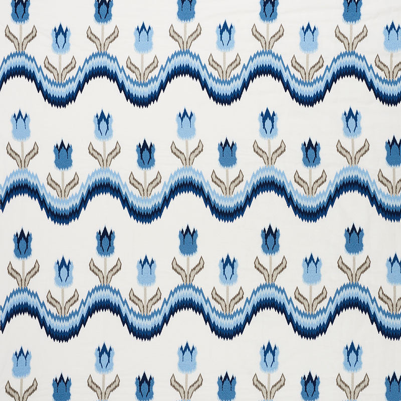 Tulip Flamestitch Embroidery Blue 70272 by Schumacher Designer Fabric Contemporary-Embroideries 55% Polyester, 25% Linen, 20% Cotton - Horizontal: 51 and Vertical: 28.25 51 - Swanky Fabrics -