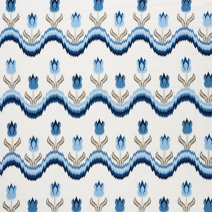 Tulip Flamestitch Embroidery Blue 70272 by Schumacher Designer Fabric Contemporary-Embroideries 55% Polyester, 25% Linen, 20% Cotton - Horizontal: 51 and Vertical: 28.25 51 - Swanky Fabrics -