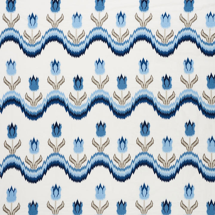 Tulip Flamestitch Embroidery Blue 70272 by Schumacher Designer Fabric CONTEMPORARY EMBROIDERIES POLYESTER 55% LINEN 25% INDIA </p><p>Repeat: Horizontal: 51" (130CM) and Vertical: 28 1/4" (72CM) 51 - Swanky Fabrics -