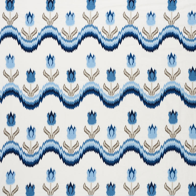 Tulip Flamestitch Embroidery Blue 70272 by Schumacher Fabric Schumacher Fabric Tulip Flamestitch Embroidery Blue 70272Fabric POLYESTER 55% INDIA </p><p>Repeat: H: HORZ. 51" (130CM) , V: VERT. 28 1/4" (72CM) 51 - Fabric Carolina -