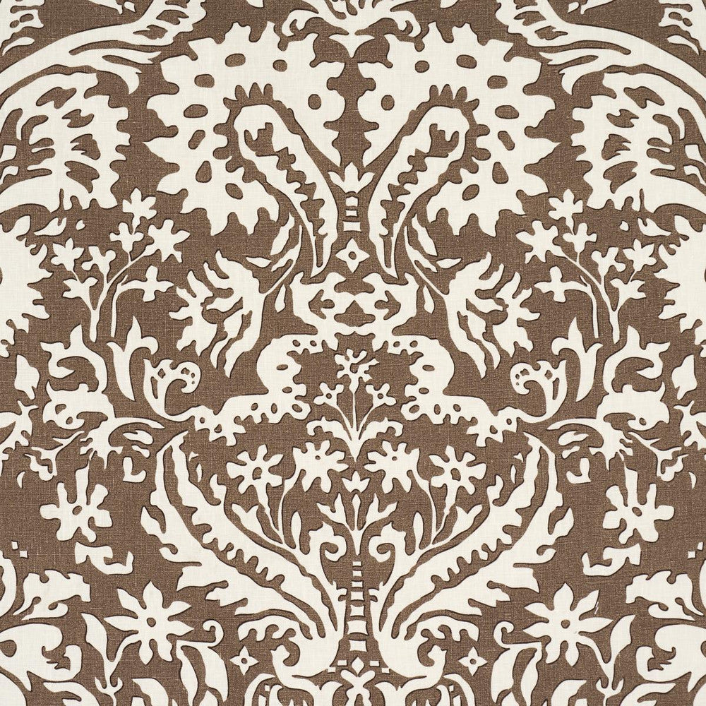 Suffolk Damask Brown 182120 by Schumacher Designer Fabric Veere Grenney 27.0" - Swanky Fabrics -