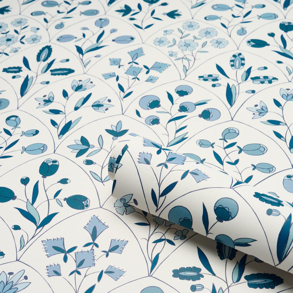 Frances Scallop Floral Blues 5015962 by Schumacher Designer Wallpaper Craft Revival 18.0" - Swanky Fabrics -