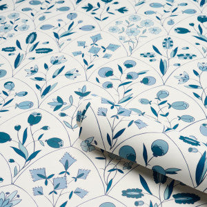 Schumacher Wallpaper Frances Scallop Floral Blues 5015962