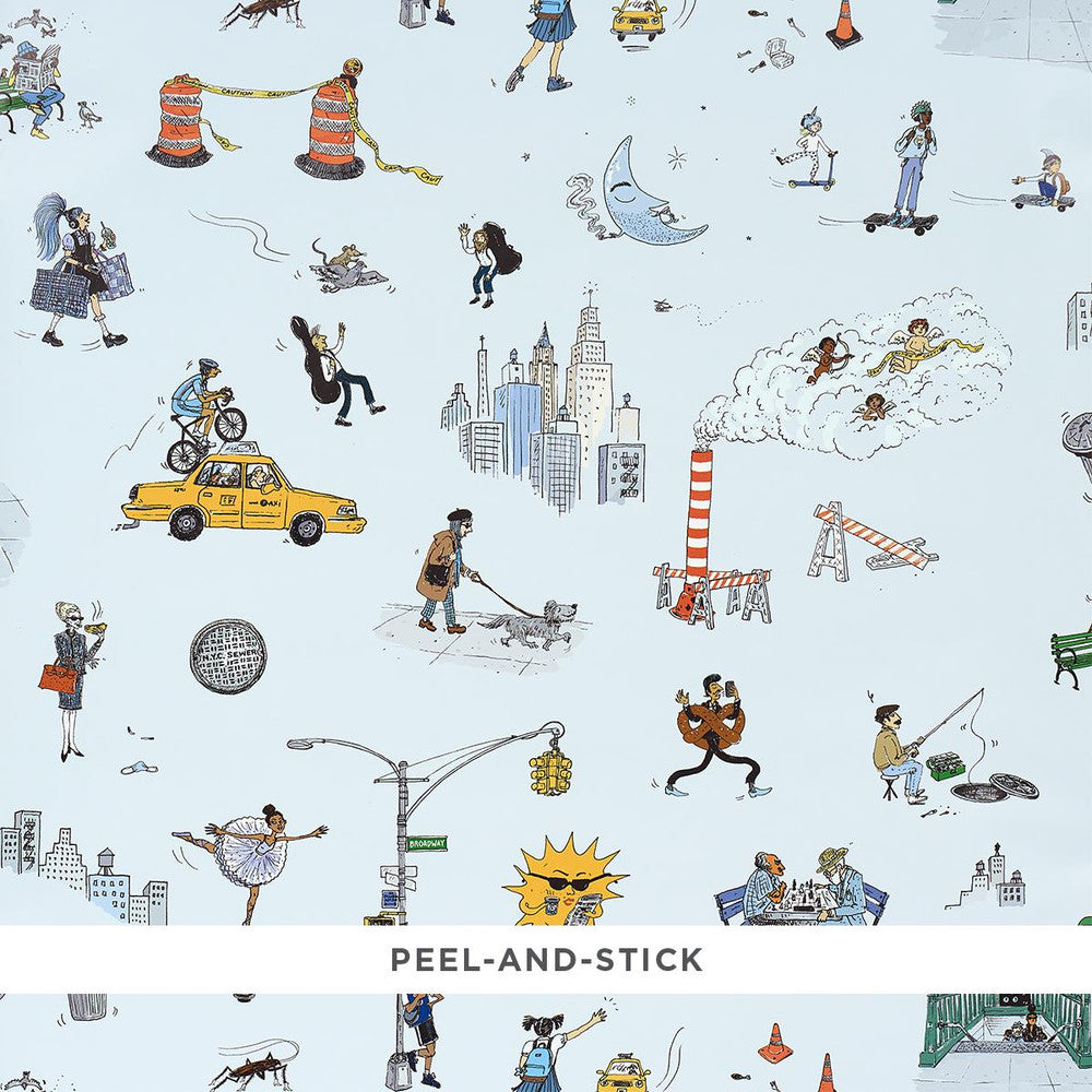 Joana Avillez'S Street Scenes Multicolor On Sky Blue 5016172 by Schumacher Designer Wallpaper The New Yorker 27.0" - Swanky Fabrics -
