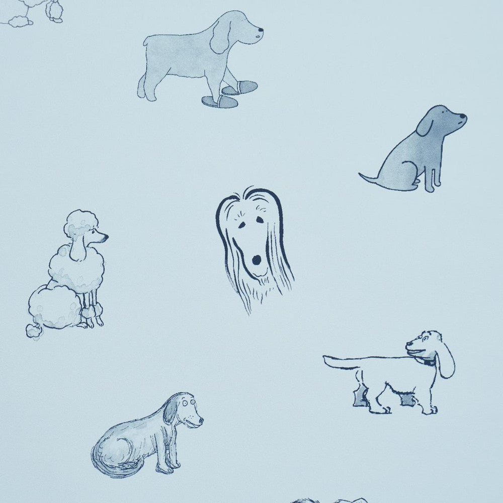 Good Dogs Everywhere Sky & Navy Blue 5016302 by Schumacher Designer Wallpaper The New Yorker 13.5" - Swanky Fabrics -