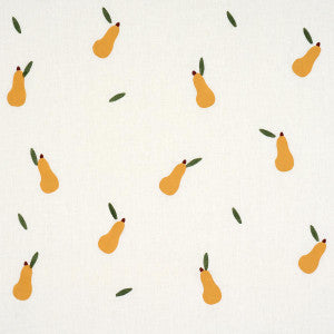 Schumacher Fabric Pears Hand Block Print Green And Ochre On White 182390
