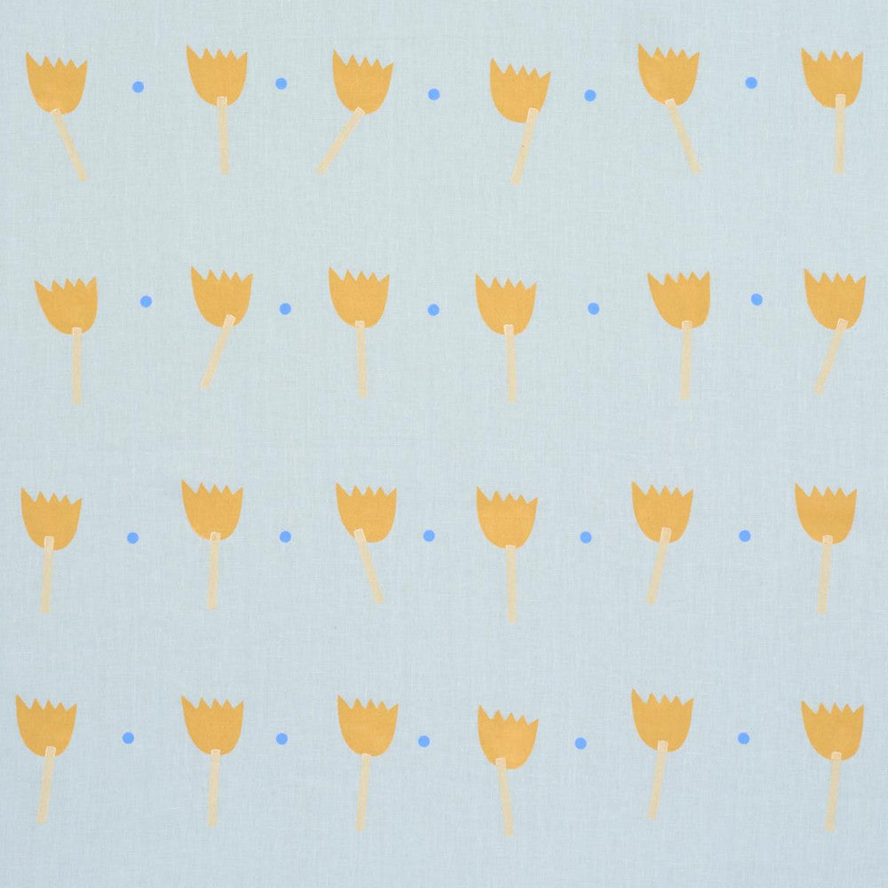 Tulip Play Hand Block Print Ochre On Sky 182400 by Schumacher Designer Fabric Caroline Z Hurley 34.5" - Swanky Fabrics -
