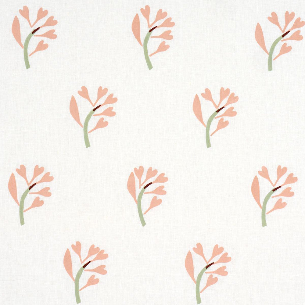 Ginkgo Hand Block Print Pink And Sage On White 182410 by Schumacher Designer Fabric Caroline Z Hurley 12.5" - Swanky Fabrics -