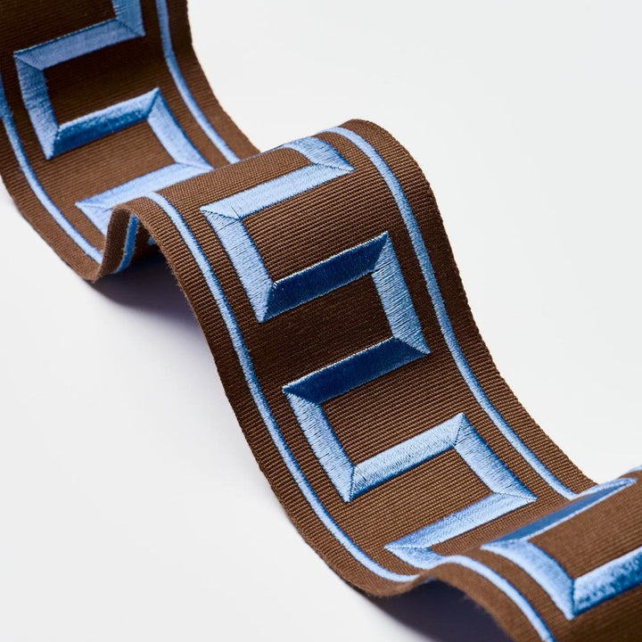 Greek Key Embroidered Tape Blue On Brown 70807 by Schumacher Designer Trim Perennial Favorite Trims 1.75" - Swanky Fabrics -