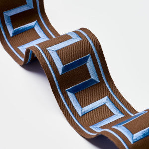 Schumacher Trim Greek Key Embroidered Tape Blue On Brown 70807