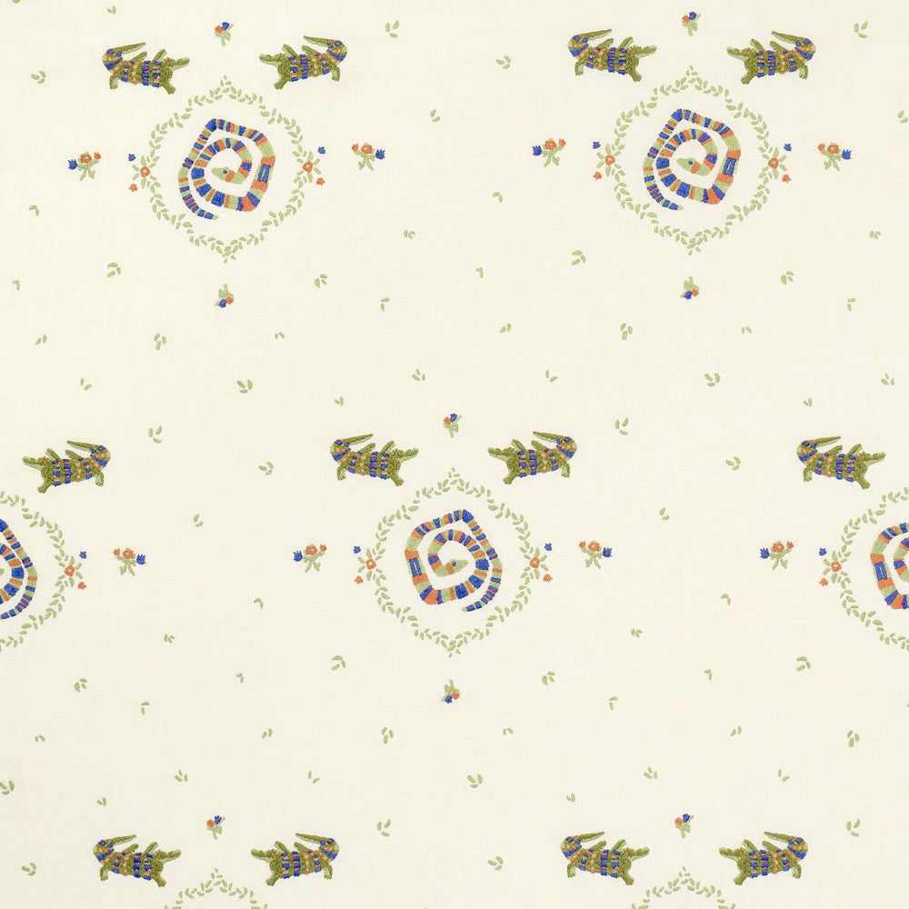 Reptilia Embroidery Bright Multi On Ivory 84540 by Schumacher Designer Fabric Backdrop 17.62" - Swanky Fabrics -