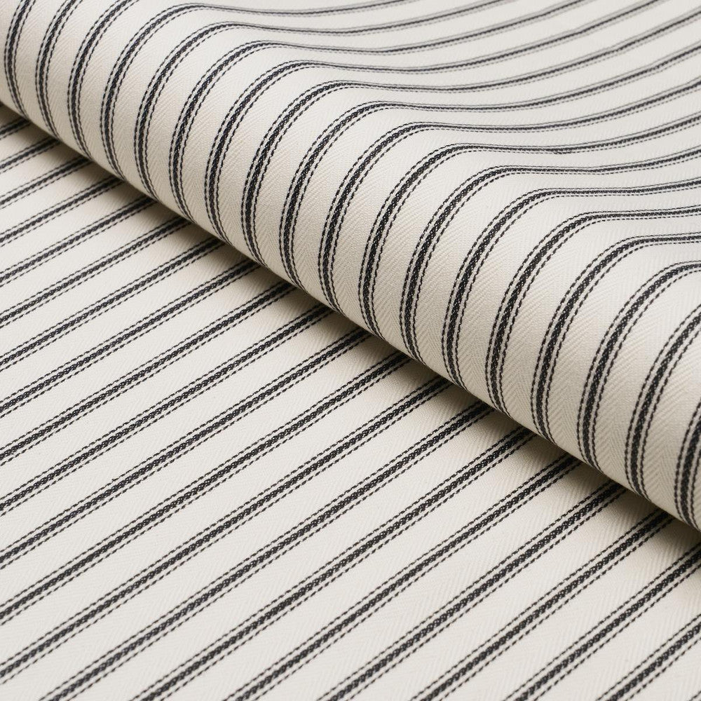 Griffin Ticking Stripe Black & White 84860 by Schumacher Designer Fabric Perennial Favorites 1.0" - Swanky Fabrics -