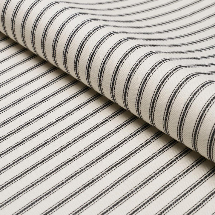 Griffin Ticking Stripe Black & White 84860 by Schumacher Designer Fabric Perennial Favorites 1.0" - Swanky Fabrics -