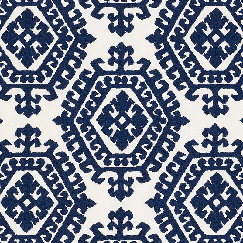 Omar Embroidery Navy 71941 by Schumacher Designer Fabric Caravanne 46% Polyester, 28% Linen, 26% Cotton Martindale 50,000 Horizontal: 16.75 and Vertical: 14.75 51 - Swanky Fabrics -