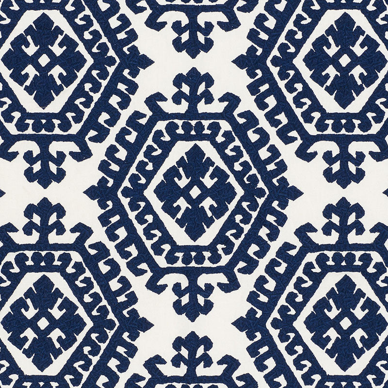 Omar Embroidery Navy 71941 by Schumacher Designer Fabric CARAVANNE See Sample INDIA - </p><p>Repeat: Horizontal: 16 3/4" (43CM) and Vertical: 14 3/4" (37CM) 51" (130 CM) - Swanky Fabrics -