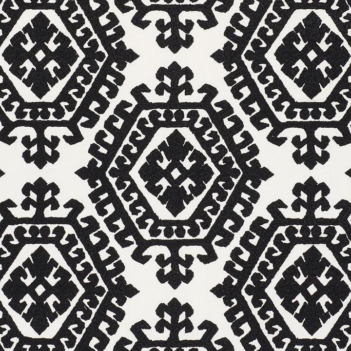 Omar Embroidery Black 71942 by Schumacher Designer Fabric Caravanne 46% Polyester, 28% Linen, 26% Cotton Martindale 50,000 Horizontal: 16.75 and Vertical: 14.75 51 - Swanky Fabrics -