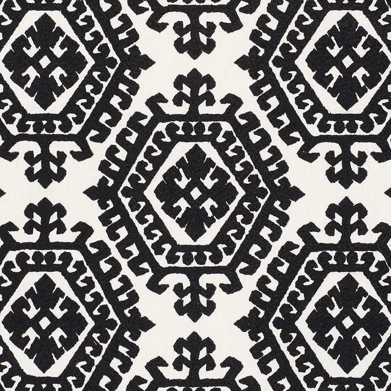 Omar Embroidery Black 71942 by Schumacher Designer Fabric CARAVANNE See Sample INDIA - </p><p>Repeat: Horizontal: 16 3/4" (43CM) and Vertical: 14 3/4" (37CM) 51" (130 CM) - Swanky Fabrics -