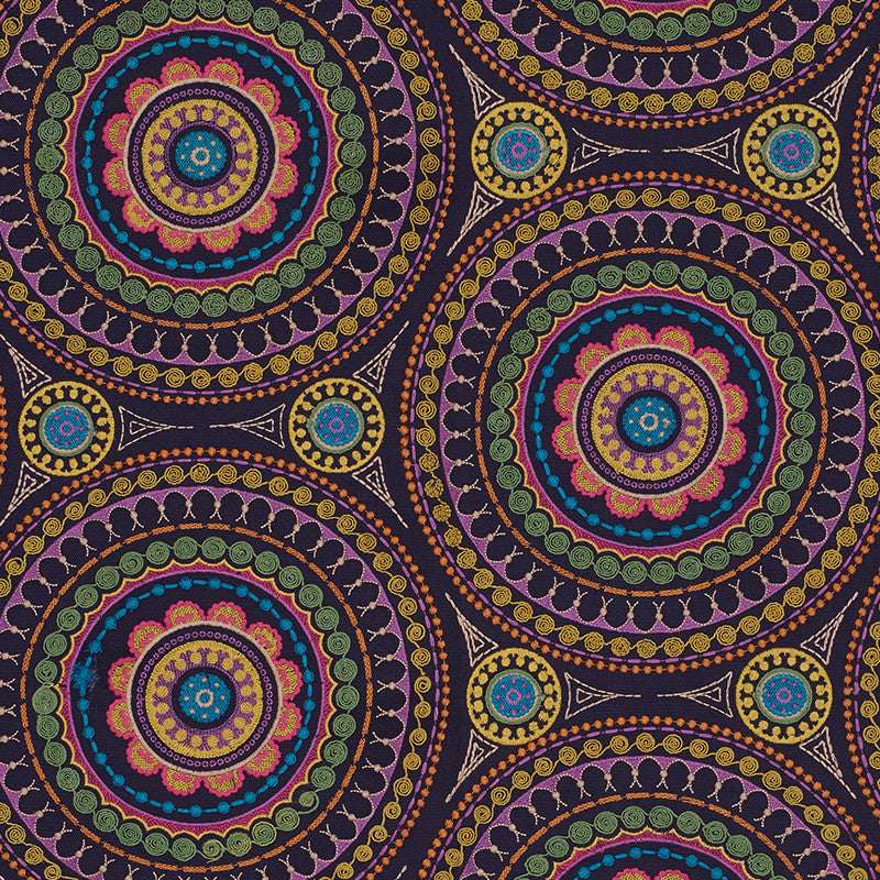 Idris Embroidery Navy & Multi 71950 by Schumacher Designer Fabric Caravanne 40% Linen, 33% Cotton, 27% Polyester Martindale 24,000 Horizontal: 25 and Vertical: 15 52 - Swanky Fabrics -