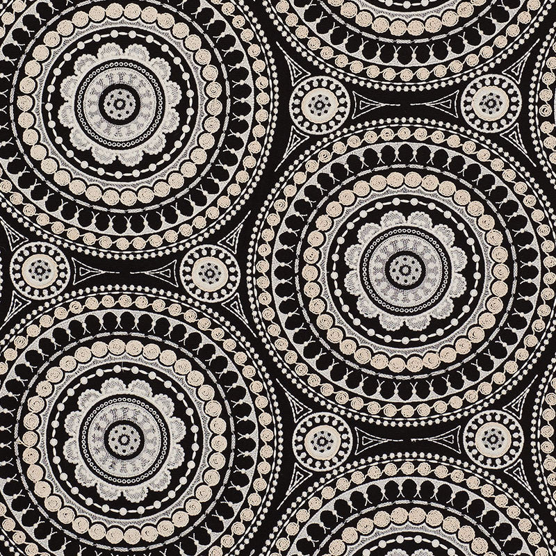 Idris Embroidery Black & Ivory 71953 by Schumacher Designer Fabric CARAVANNE See Sample INDIA - </p><p>Repeat: Horizontal: 25" (64CM) and Vertical: 15" (38CM) 52" (132 CM) - Swanky Fabrics -