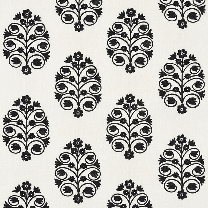 Talitha Embroidery Blackwork 72090 by Schumacher Designer Fabric VOGUE LIVING See Sample INDIA - </p><p>Repeat: Horizontal: 12 1/2" (32CM) and Vertical: 10 1/4" (26CM) 50" (127CM) - Swanky Fabrics -
