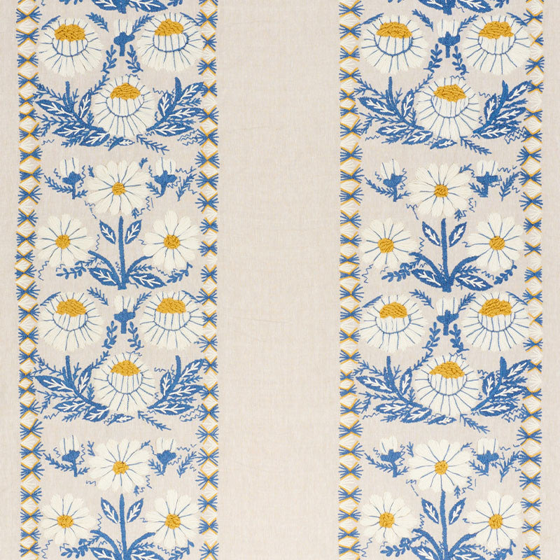 Marguerite Embroidery Blue & Ochre 72332 by Schumacher Designer Fabric REVISIT OF POPULAR PATTERNS WOOL 60% LINEN 40% INDIA </p><p>Repeat: Horizontal: 25" (64CM) and Vertical: 23" (58CM) 54 - Swanky Fabrics -