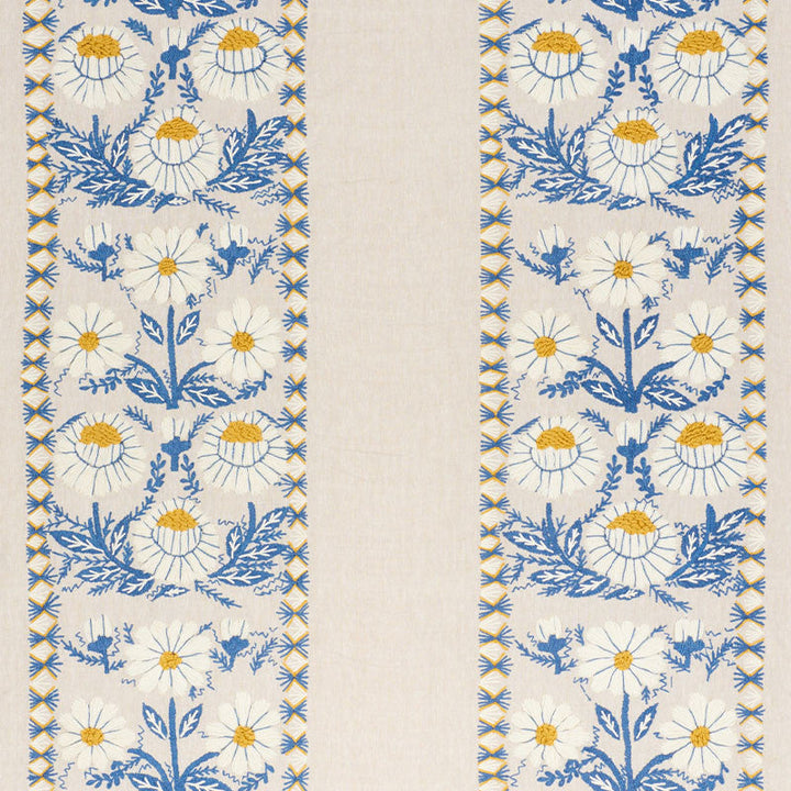 Marguerite Embroidery Blue & Ochre 72332 by Schumacher Designer Fabric REVISIT OF POPULAR PATTERNS See Sample INDIA - </p><p>Repeat: Horizontal: 25" (64CM) and Vertical: 23" (58CM) 54" (137CM) - Swanky Fabrics -