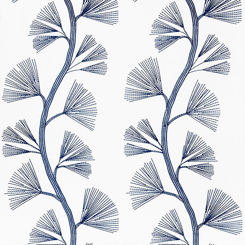 Ginkgo Embroidery Marine 73081 by Schumacher Designer Fabric ORIENT EXPRESS See Sample INDIA - </p><p>Repeat: Horizontal: 18" (46CM) and Vertical: 30 1/2" (77CM) 58" (147CM) - Swanky Fabrics -