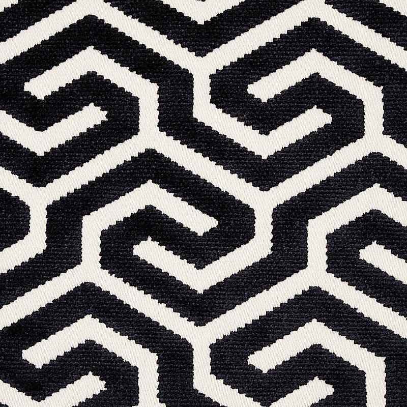 Ming Fret Velvet Black 73107 by Schumacher Designer Fabric CUT & PATTERNED VELVETS COTTON 54% VISCOSE 46% UNITED STATES OF AMERICA </p><p>Repeat: Horizontal: 3 1/4" (8CM) and Vertical: 3 7/8" (10CM) 50 - Swanky Fabrics -
