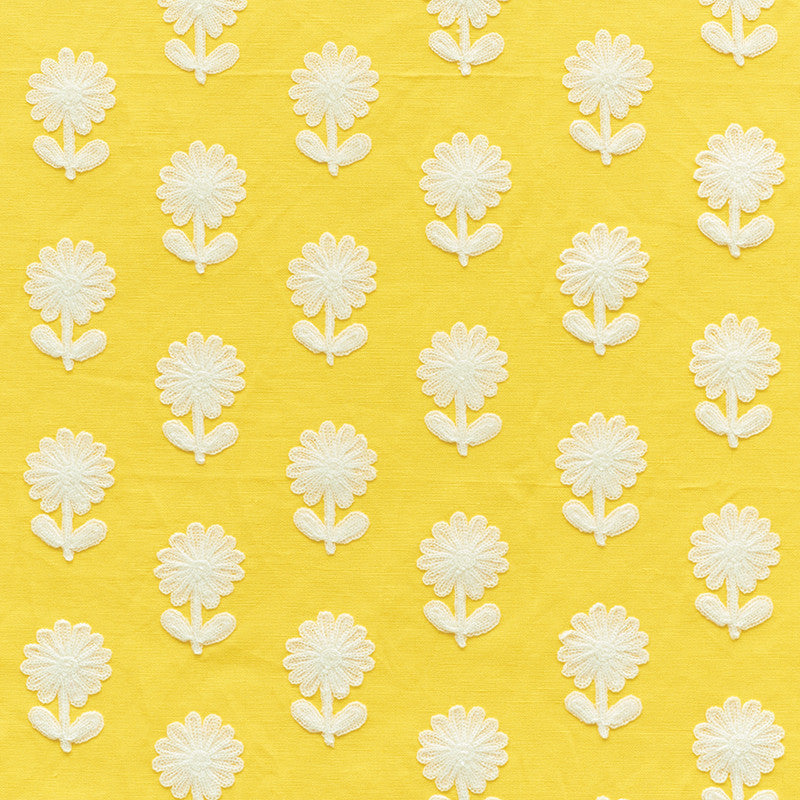 Paley Embroidery Yellow 73480 by Schumacher Designer Fabric Happy-Together 80% Linen, 20% Acrylic - Horizontal: 2 and Vertical: 3.75 54 - Swanky Fabrics -