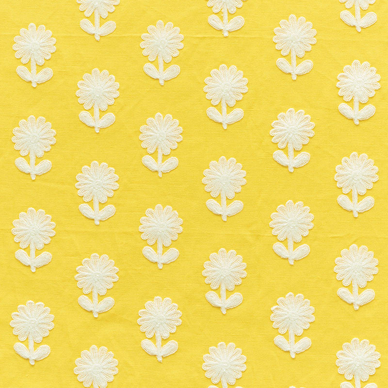 Paley Embroidery Yellow 73480 by Schumacher Designer Fabric HAPPY TOGETHER LINEN 80% ACRYLIC 20% INDIA </p><p>Repeat: Horizontal: 2" (5CM) and Vertical: 3 3/4" (10CM) 54 - Swanky Fabrics -