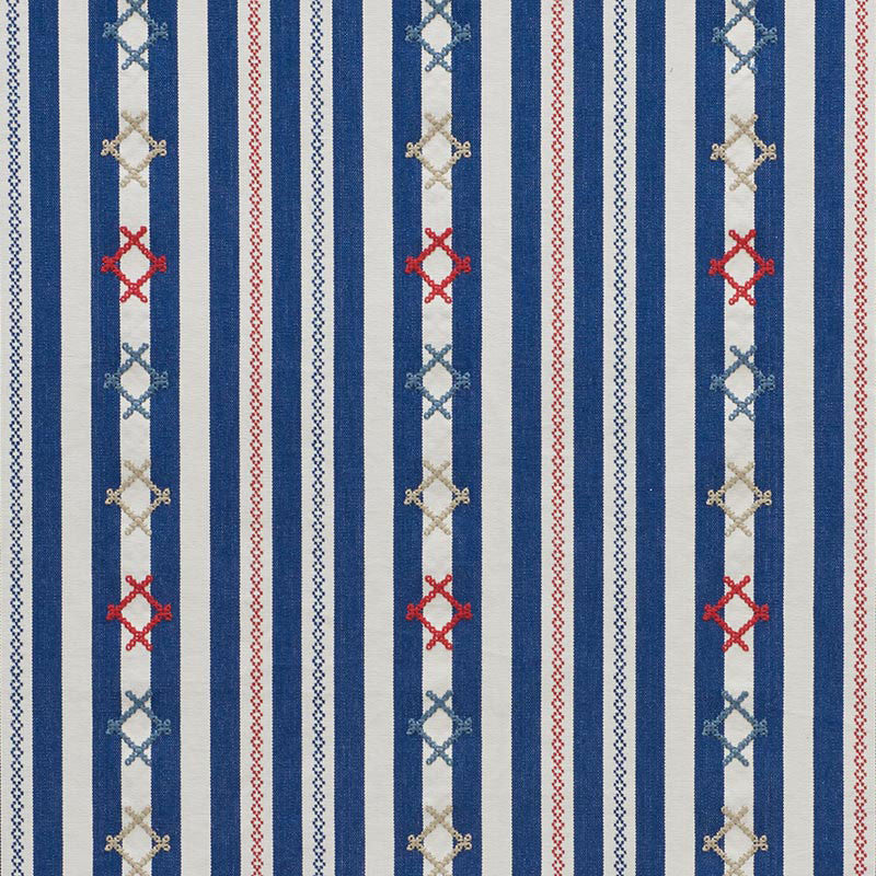 Rhodes Stripe Navy 74460 by Schumacher Designer Fabric Primitive-Beauty 88% Cotton, 12% Polyester Martindale 18,000 Horizontal: 6.625 and Vertical: 7.625 54.25 - Swanky Fabrics -