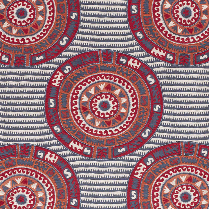Corfu Navy Multi 74470 by Schumacher Designer Fabric Primitive-Beauty 40% Polyester, 35% Linen, 25% Cotton - Horizontal: 26 and Vertical: 29.25 53 - Swanky Fabrics -