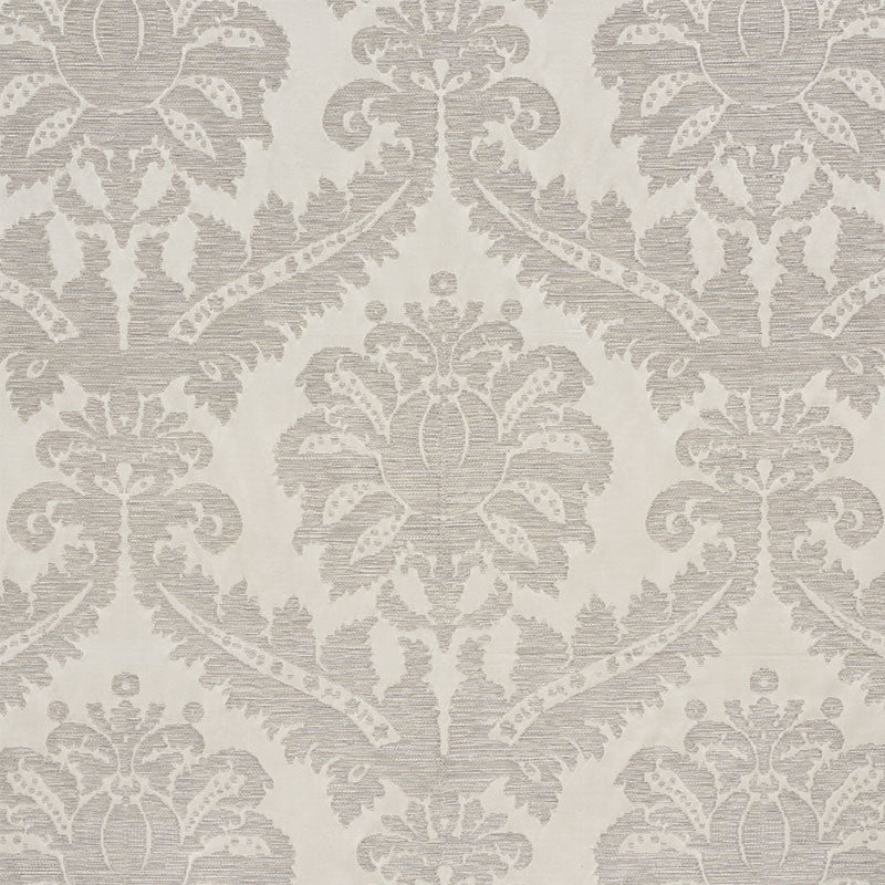 Crawford Damask Platinum 75150 by Schumacher Designer Fabric RELAXED GLAMOUR See Sample ITALY - </p><p>Repeat: Horizontal: 27 1/2" (70CM) and Vertical: 34 1/2" (88CM) 54 1/2" (138CM) - Swanky Fabrics -