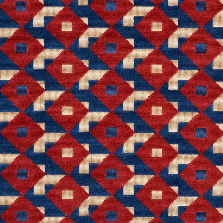 Dazzle Ship Velvet Blue & Red 77241 by Schumacher Designer Fabric JOHNSON HARTIG FOR LIBERTINE See Sample BELGIUM MEDIUM DURABILITY </p><p>Repeat: Horizontal: 5 1/2" (14CM) and Vertical: 2 1/2" (6CM) 53 1/2" 136CM - Swanky Fabrics -