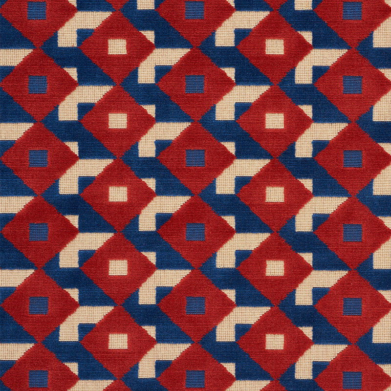 Dazzle Ship Velvet Blue & Red 77241 by Schumacher Fabric Schumacher Fabric Dazzle Ship Velvet Blue & Red 77241Fabric POLYESTER 87% BELGIUM </p><p>Repeat: H: HORZ. 5 1/2" (14CM) , V: VERT. 2 1/2" (6CM) 53.5 - Fabric Carolina -