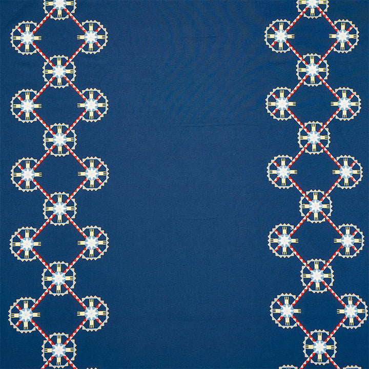Chamizal Embroidery Blue & Red 77601 by Schumacher Designer Fabric TRUE WEST LINEN 52% COTTON 44% INDIA </p><p>Repeat: Horizontal: 28 1/2" (72CM) and Vertical: 7 1/2" (19CM) 55 - Swanky Fabrics -